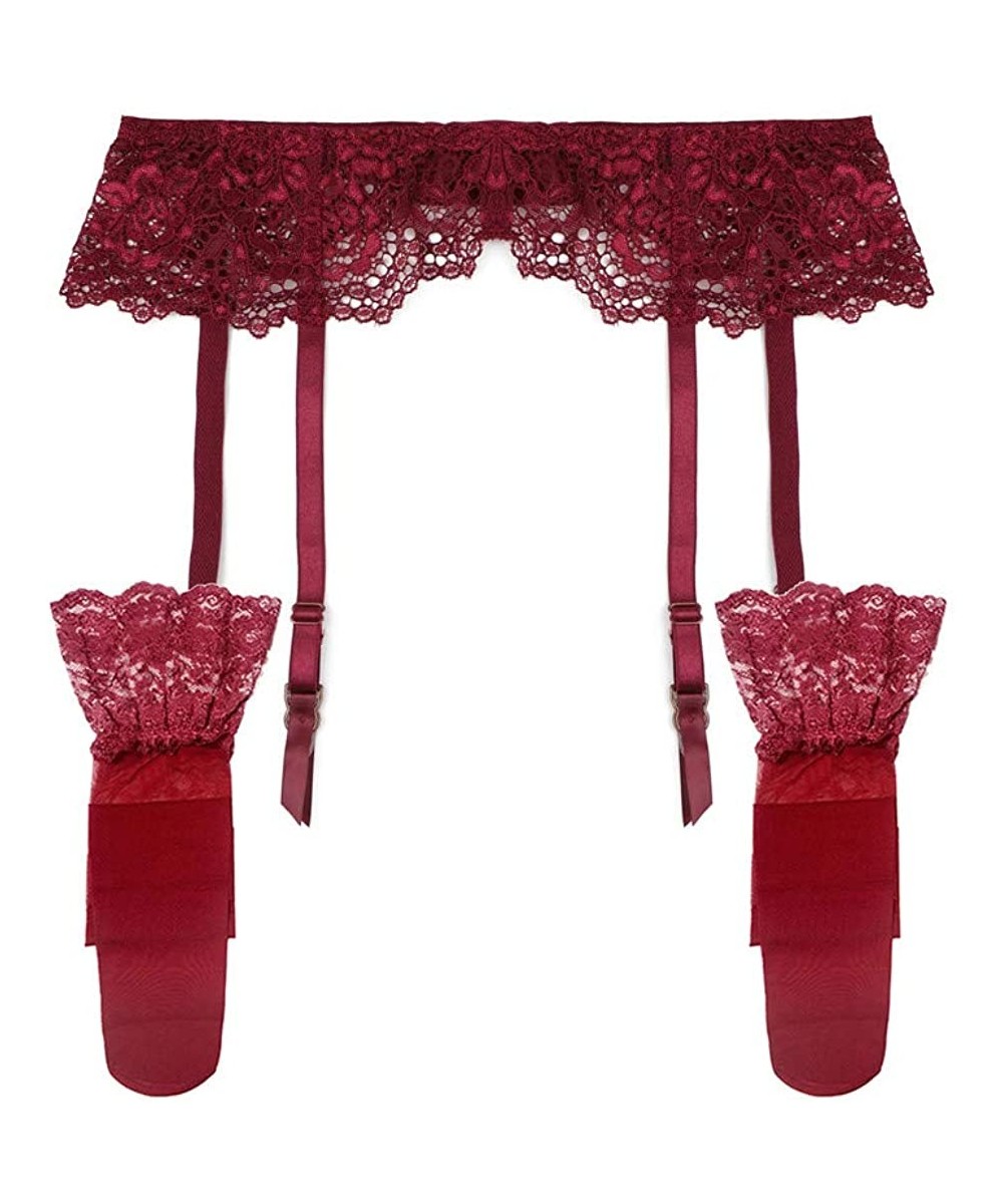 Garters & Garter Belts Floral Lace Garter Belt Stockings Sexy Underwear 2 pcs for Ladies - Wine Red - CZ196WSHCHG