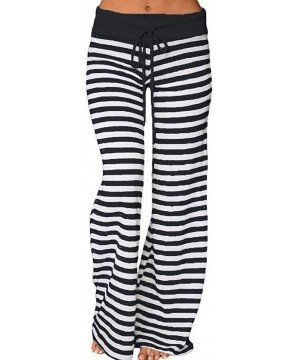 Bottoms Women's Stretch Comfy Striped Drawstring Wide Leg High Waisted Pajama Pants - Black - CE186RGKXEM