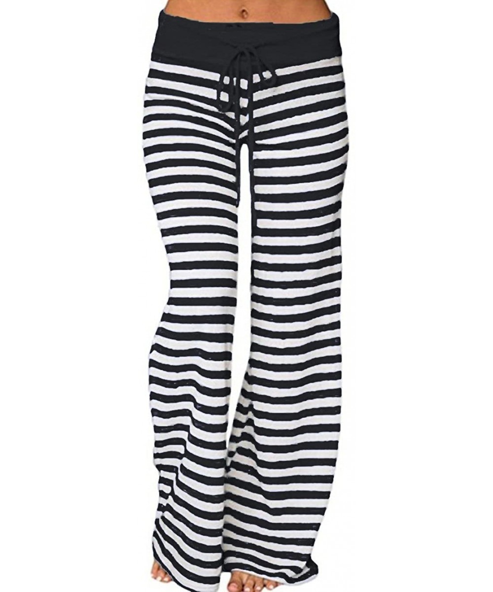 Bottoms Women's Stretch Comfy Striped Drawstring Wide Leg High Waisted Pajama Pants - Black - CE186RGKXEM