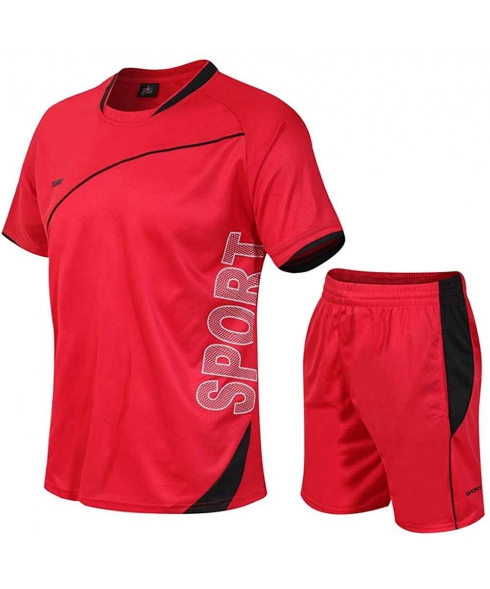 Shapewear Men's Fitness Sport Suit Fast Drying Casual Set Elastic Short Sleeve Tops Shorts - E Red - CX198S7OI58