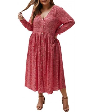 Thermal Underwear Plus Size Dress V-Neck Long Sleeves Printing Button Pocket Beach Loose Flowy Swing Dress - Red - CB194KEZL4Z