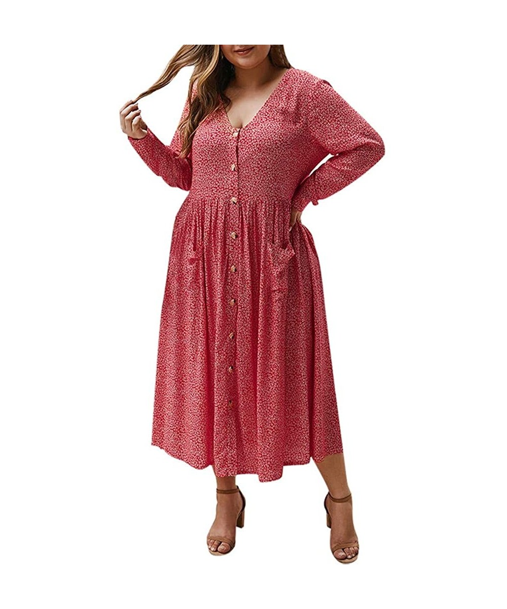 Thermal Underwear Plus Size Dress V-Neck Long Sleeves Printing Button Pocket Beach Loose Flowy Swing Dress - Red - CB194KEZL4Z