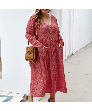 Thermal Underwear Plus Size Dress V-Neck Long Sleeves Printing Button Pocket Beach Loose Flowy Swing Dress - Red - CB194KEZL4Z