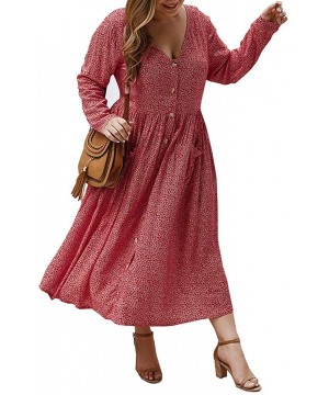 Thermal Underwear Plus Size Dress V-Neck Long Sleeves Printing Button Pocket Beach Loose Flowy Swing Dress - Red - CB194KEZL4Z