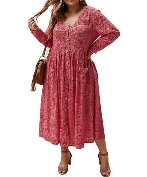 Thermal Underwear Plus Size Dress V-Neck Long Sleeves Printing Button Pocket Beach Loose Flowy Swing Dress - Red - CB194KEZL4Z