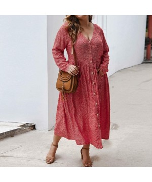 Thermal Underwear Plus Size Dress V-Neck Long Sleeves Printing Button Pocket Beach Loose Flowy Swing Dress - Red - CB194KEZL4Z