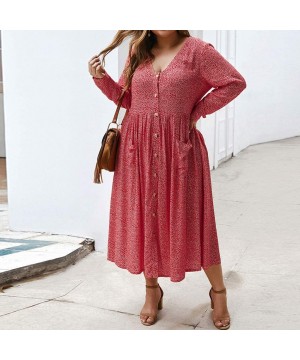 Thermal Underwear Plus Size Dress V-Neck Long Sleeves Printing Button Pocket Beach Loose Flowy Swing Dress - Red - CB194KEZL4Z