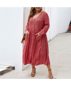 Thermal Underwear Plus Size Dress V-Neck Long Sleeves Printing Button Pocket Beach Loose Flowy Swing Dress - Red - CB194KEZL4Z