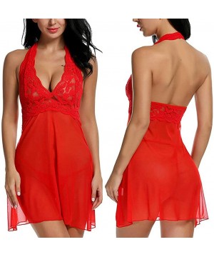 Garters & Garter Belts Women Lingerie Lace Babydoll Strap Chemise Halter Teddy V Neck Sleepwear - Red - CI18NX89QEO