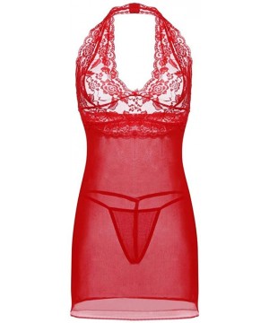 Garters & Garter Belts Women Lingerie Lace Babydoll Strap Chemise Halter Teddy V Neck Sleepwear - Red - CI18NX89QEO