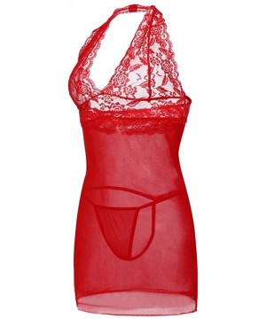 Garters & Garter Belts Women Lingerie Lace Babydoll Strap Chemise Halter Teddy V Neck Sleepwear - Red - CI18NX89QEO