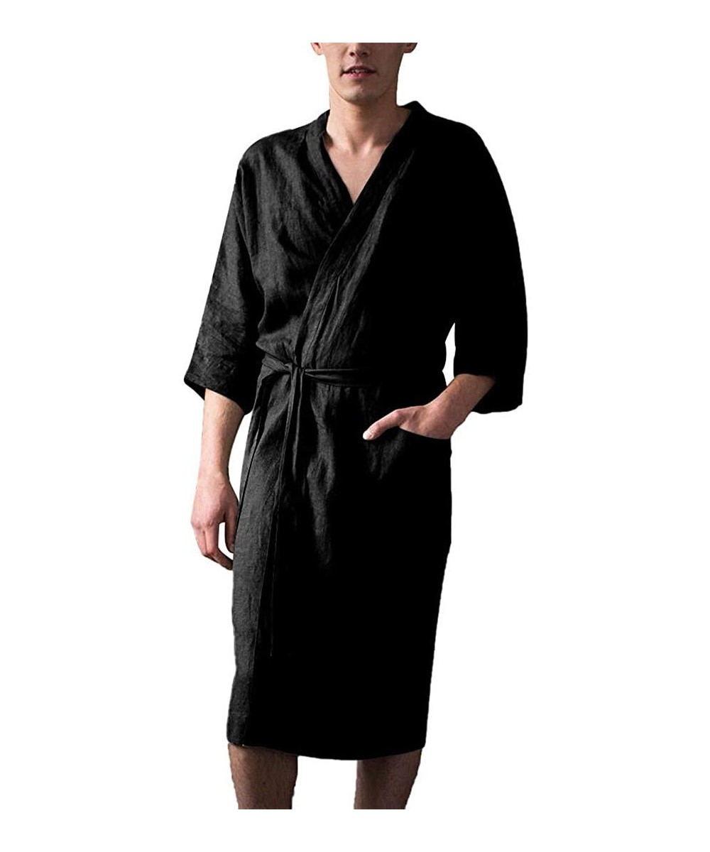 Robes Linen Men Robes Gown Kimono Bathrobe Sleepwear Nightwear Pajamas Solid Color Summer Nightgown Plus Size - Black - CF194...