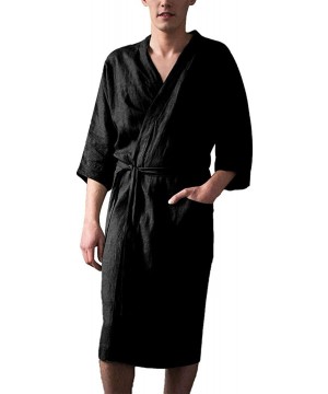 Robes Linen Men Robes Gown Kimono Bathrobe Sleepwear Nightwear Pajamas Solid Color Summer Nightgown Plus Size - Black - CF194...