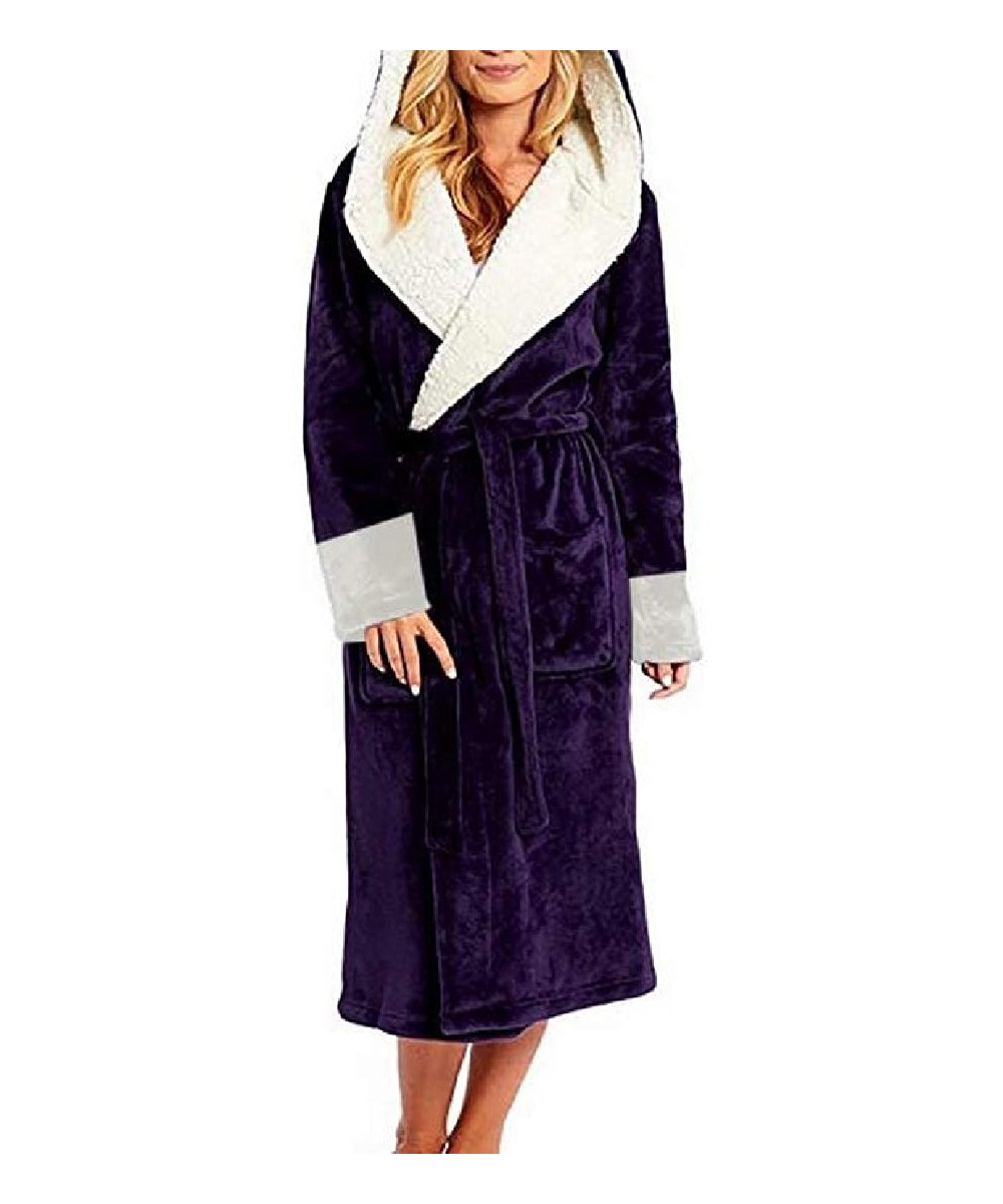 Robes Winter Nightgown Belted Robe Sleepwear Fleece Hooded Bathrobe - Purple - CO198A2NA2H