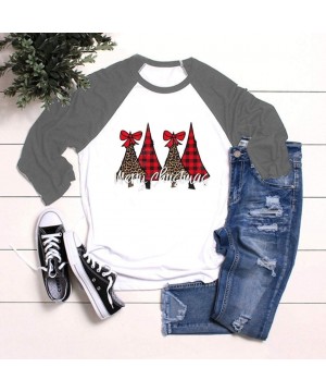 Bras Women's Casual Christmas Print Color Splice Long Sleeves O-Neck Loose T-Shirt Blouse Tops - Gray - CF1925T9IG9