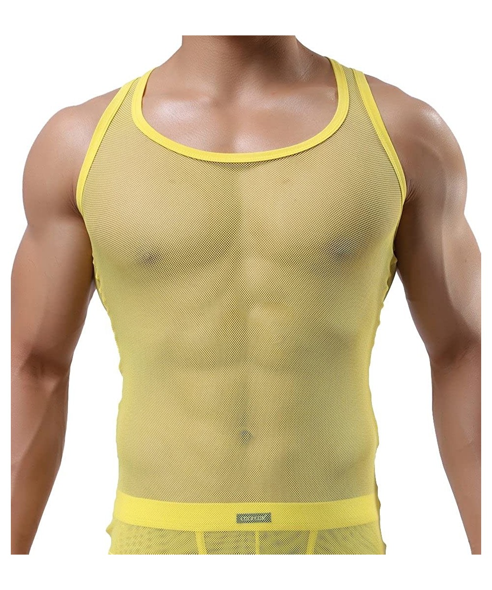 Undershirts Men's Mesh See-Through Tank Top Dry Fit Muscle Vest - Yellow - CK185M6X2G0