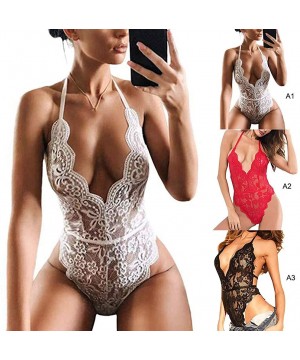 Baby Dolls & Chemises Women Sexy Lace Bodysuit Teddy Valentines Day Lingerie One Piece Babydoll Mini Bodysuit - Black - CP19C...