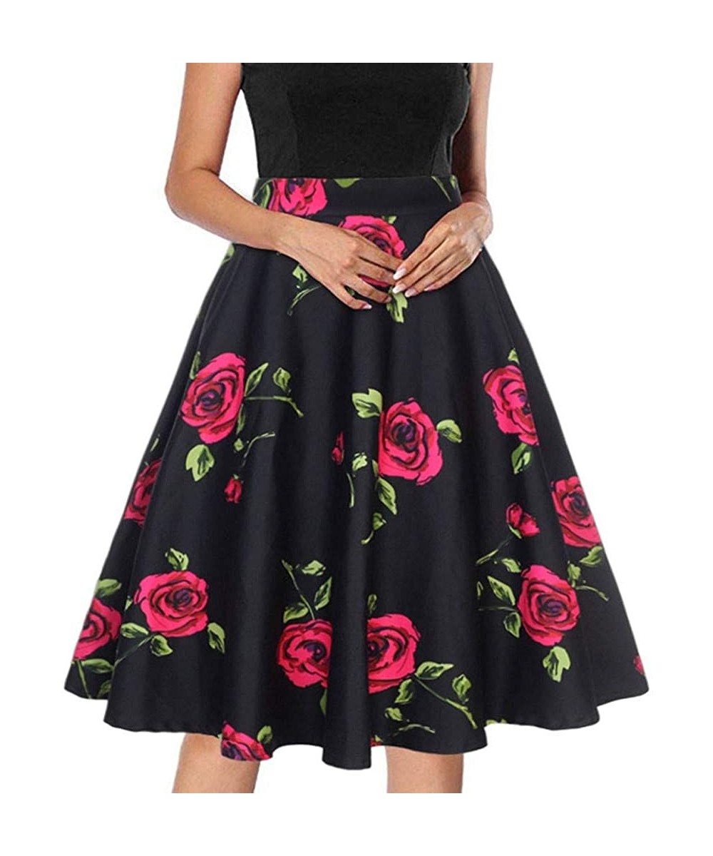 Thermal Underwear Fashion Women High Waist Flowers Print A-Line Skirt Big Skirt Vintage Skirt - Black - CO197I3O4M5