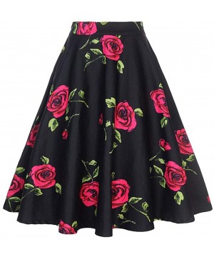 Thermal Underwear Fashion Women High Waist Flowers Print A-Line Skirt Big Skirt Vintage Skirt - Black - CO197I3O4M5