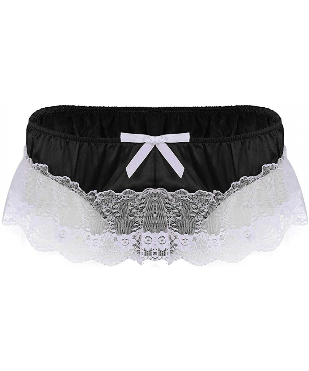 G-Strings & Thongs Mens Sissy Soft Satin Ruffled Floral Lace Crossdress Skirted Panties Underwear Thongs - Black - CP190OMZ63U