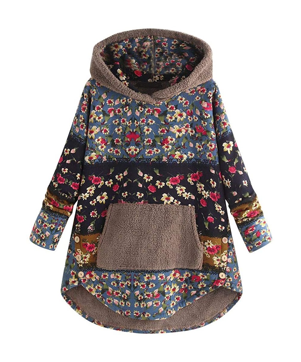 Thermal Underwear Women's Fleece Outwear Hoodie Patchwork Floral Print Coat with Pockets - Blue - CB18ZNY9QKD