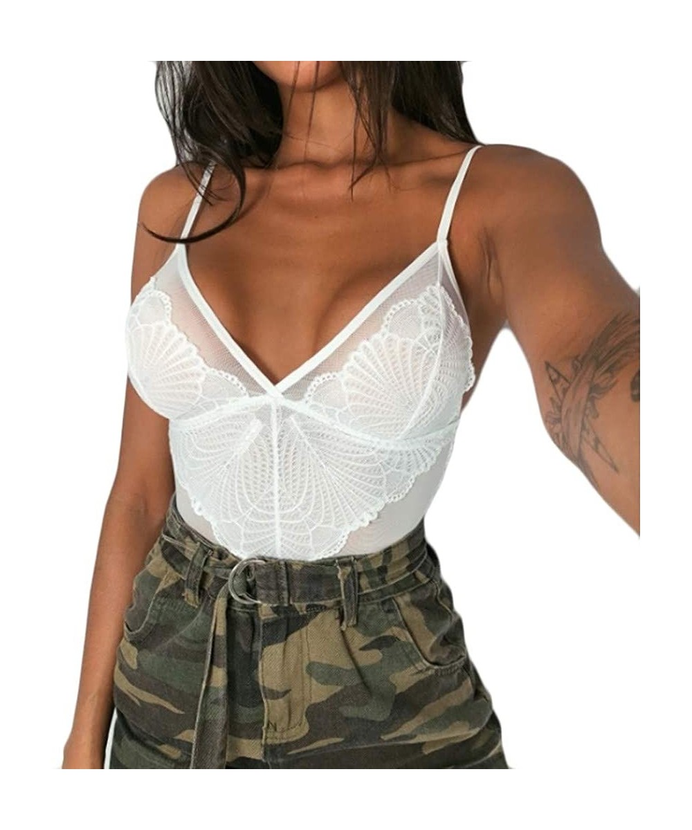 Bustiers & Corsets New One Piece Women Mesh Lace V-Neck Teddy Lingerie Jumpsuit Underwear Bodysuit - White - CA18ZQXROX9