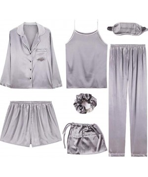 Sets 7 Pieces Women Silk Satin Pajamas Solid Long Sleeve Set Button Down Sleepwear Lounge wear Sets - Grey - CP18M8MRCAU