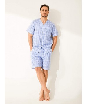 Sleep Sets Mens Lightweight Button Down Pajama Set-Woven Sleepwear Loungewear Nightwear - Light Blue - CQ195A4W5SS