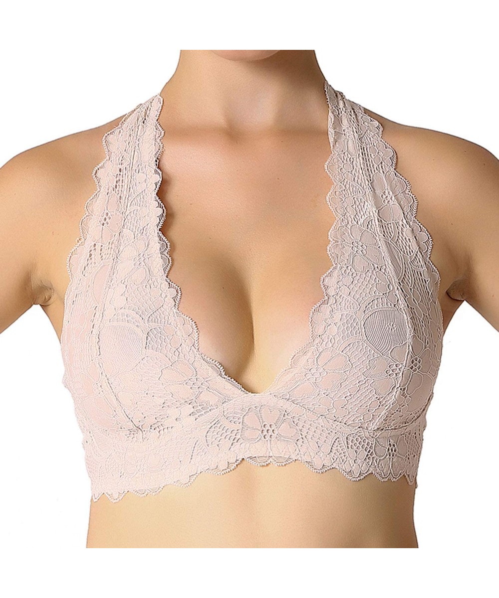 Bras Halter Lace Bralette Unpadded Wireless Sheer Bra Bustier Full Coverage Lingerie - Nude - CV18RA2UCU4