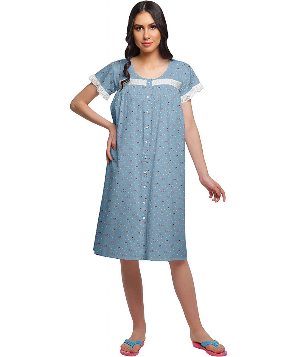 Nightgowns & Sleepshirts Nightwear for Women Printed Cotton Nightdress Knee Length Sleepwear - Steel Blue2 - C518Z92EY95