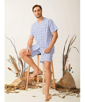 Sleep Sets Mens Lightweight Button Down Pajama Set-Woven Sleepwear Loungewear Nightwear - Light Blue - CQ195A4W5SS