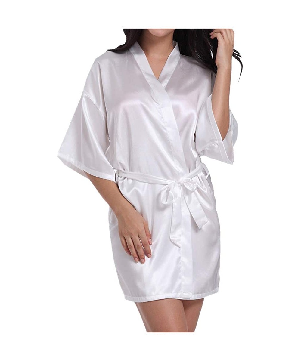 Robes Women Satin Robe Sexy V-Neck Letter Print Silky Kimono Bathrobe Nightgown Sleepwear - White - C8194TELLDN