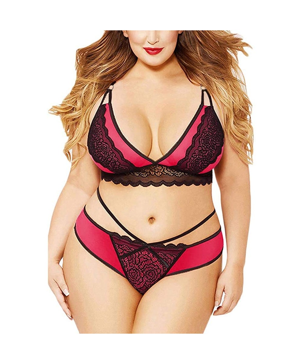 Robes Women Plus Size Muslin Lace Mesh Babydoll Sexy Lingerie Set Underwear - Hot Pink - CC18O9QAW5R