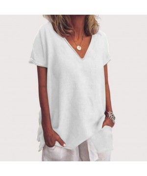 Tops Summer Tops for Women 2020 Linen Shirts for Women Casual O Neck 3/4 Sleeve Solid Linen T Shirt Loose Pullover D white - ...