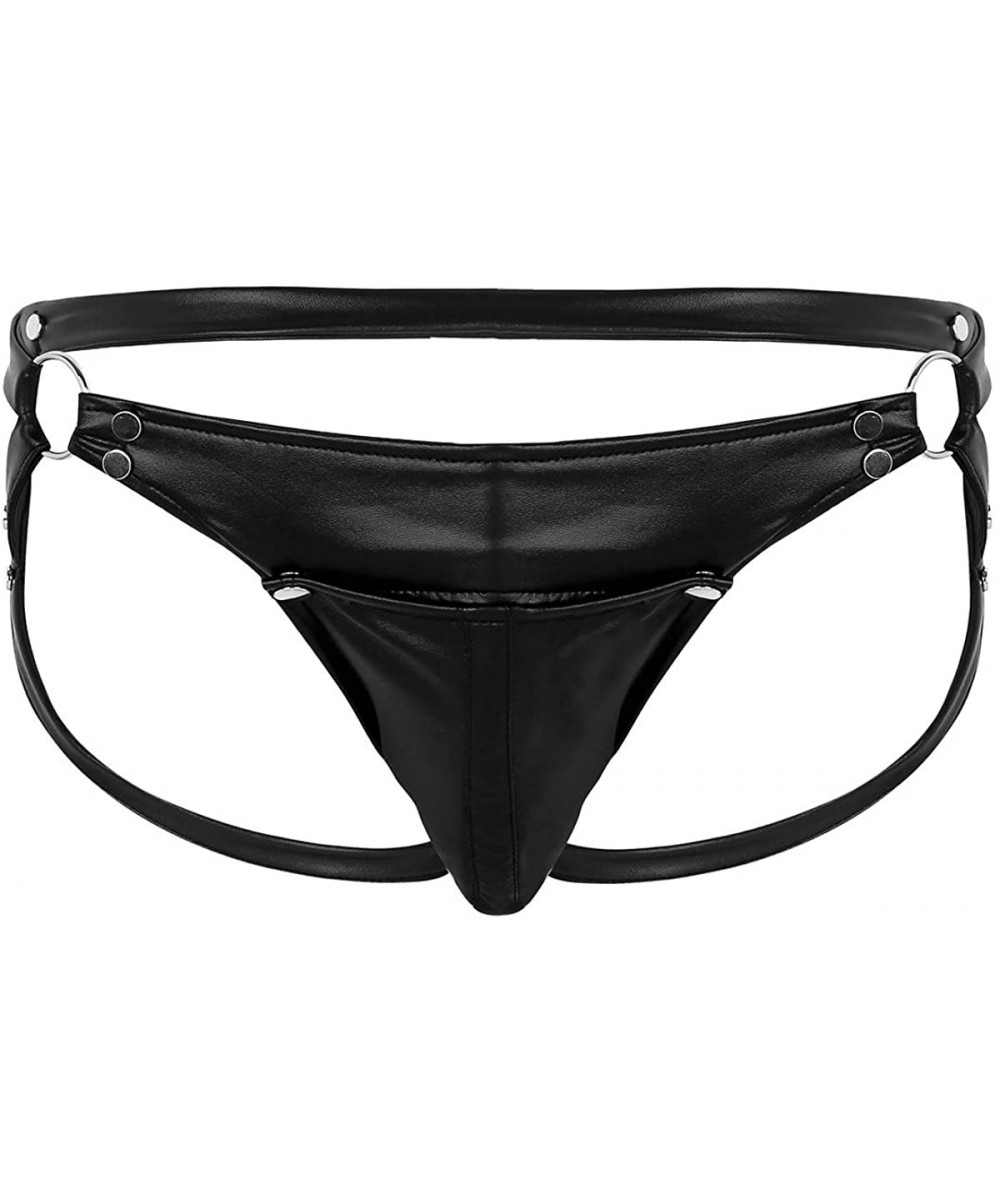 G-Strings & Thongs Sexy Wetlook Faux Leather Micro Buckled Bulge Pouch Hollow Out Open Back Jockstrap Bikini G-String Thongs ...