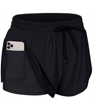 Bottoms Womens Run Elastic Waist Workout Drawstring Non See Through Double Layer with Inner Pocket Sport Yoga Shorts Black2 -...