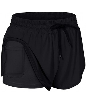 Bottoms Womens Run Elastic Waist Workout Drawstring Non See Through Double Layer with Inner Pocket Sport Yoga Shorts Black2 -...