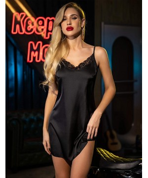 Slips Women's Nightwear Sexy Satin Sleepwear Lace Chemises Mini Full Slip - Black - C518SHRWCAI