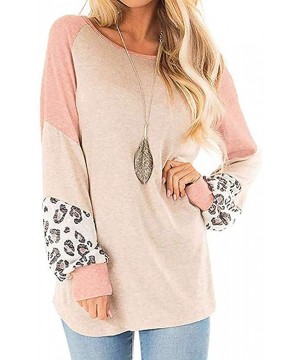 Baby Dolls & Chemises Women Leopard Print Long Puff Sleeve Splicing Striped Tops Patchwork Pullovers - B-khaki - CZ192S59AO5