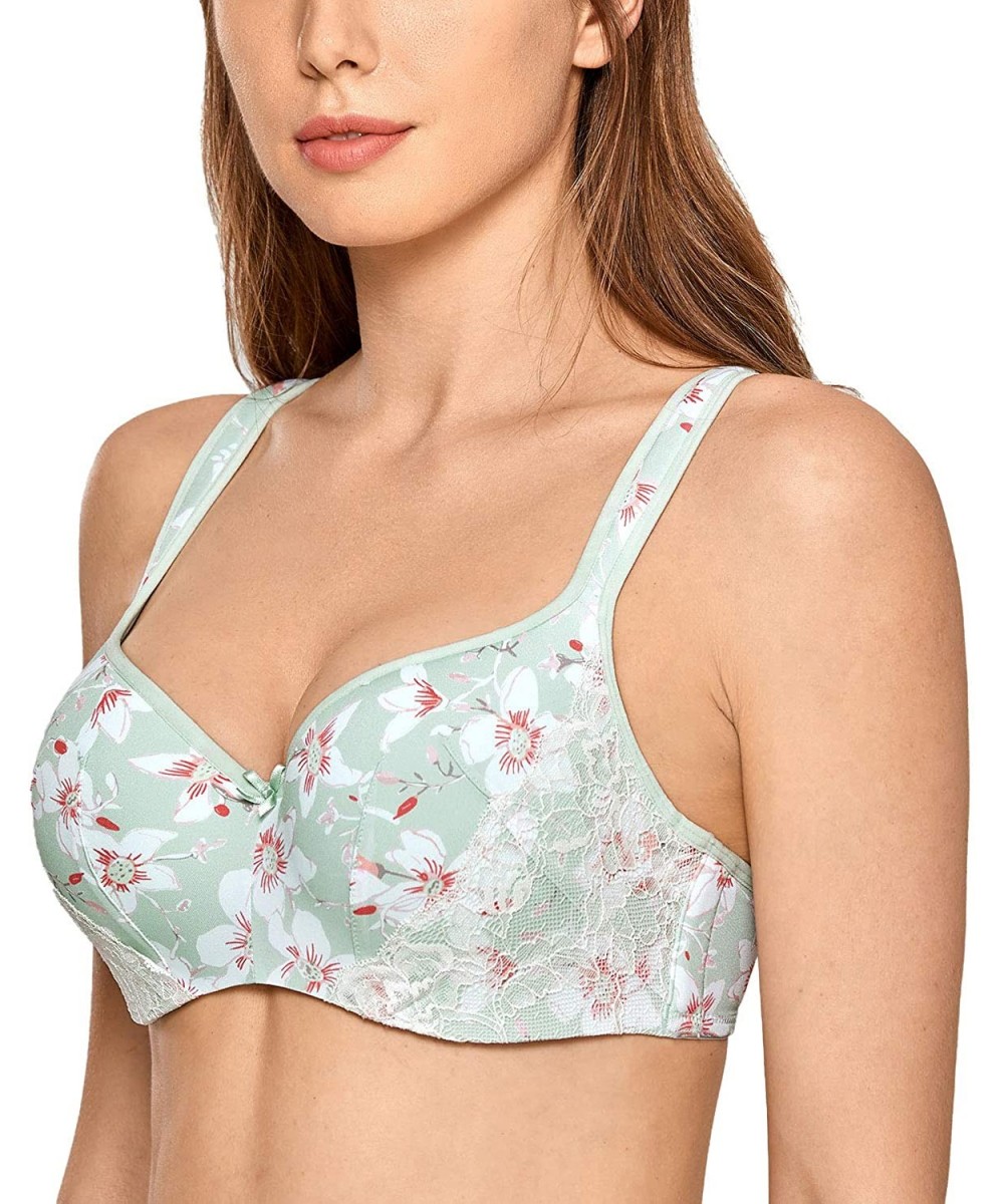 Bras Women's Lightly Lined Underwire Smooth Full Figure Balconette Bra - Green Flower & Lace - C518XEGS7DC