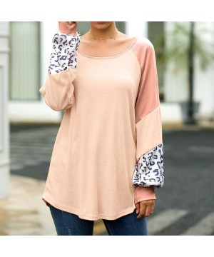 Baby Dolls & Chemises Women Leopard Print Long Puff Sleeve Splicing Striped Tops Patchwork Pullovers - B-khaki - CZ192S59AO5