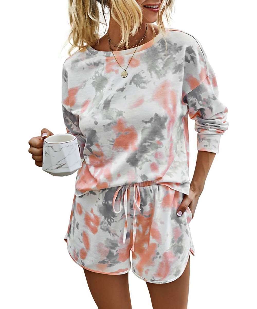 Sets Womens Tie Dye Loungewear Sets Long Sleeve Tops Pajamas Sets Sleepwear Night Shirt - 5003 Orangegray - CJ19CYL0CUG