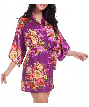 Robes Bridal Nightgowns-Women's Short Kimono Robe Dressing Gown Silky Bridesmaid Robes Bathrobe - Purple - CM19C2STHGW