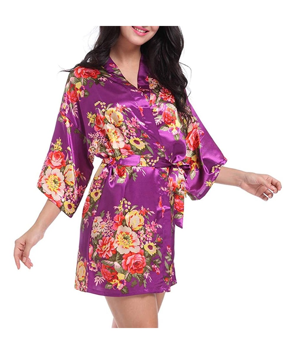 Robes Bridal Nightgowns-Women's Short Kimono Robe Dressing Gown Silky Bridesmaid Robes Bathrobe - Purple - CM19C2STHGW