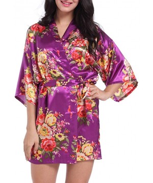 Robes Bridal Nightgowns-Women's Short Kimono Robe Dressing Gown Silky Bridesmaid Robes Bathrobe - Purple - CM19C2STHGW