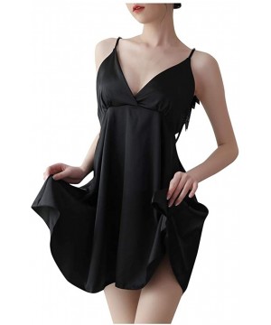 Baby Dolls & Chemises Women Sleepwear Sexy Satin Nightdress Adjustable Strap Backless Wings Nightgown - Black - C3193LULT3S