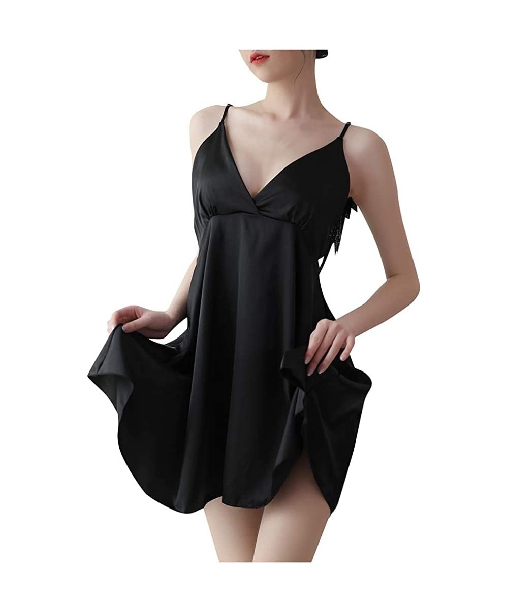 Baby Dolls & Chemises Women Sleepwear Sexy Satin Nightdress Adjustable Strap Backless Wings Nightgown - Black - C3193LULT3S