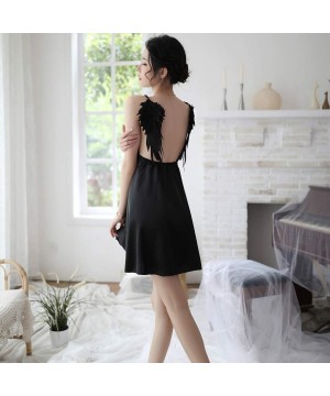 Baby Dolls & Chemises Women Sleepwear Sexy Satin Nightdress Adjustable Strap Backless Wings Nightgown - Black - C3193LULT3S