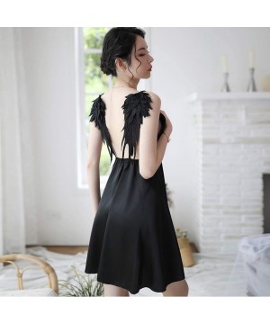 Baby Dolls & Chemises Women Sleepwear Sexy Satin Nightdress Adjustable Strap Backless Wings Nightgown - Black - C3193LULT3S