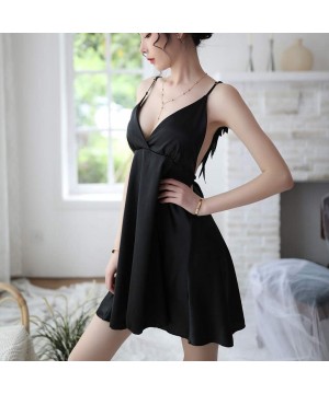 Baby Dolls & Chemises Women Sleepwear Sexy Satin Nightdress Adjustable Strap Backless Wings Nightgown - Black - C3193LULT3S